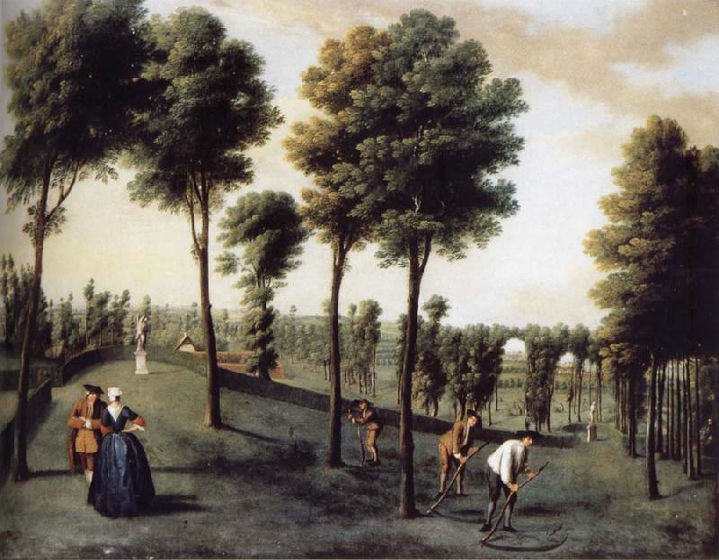 unknow artist Hartwell House,North west area of the gardens with two bastions and men Scything oil painting picture